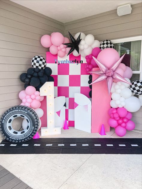 Pink Hot Wheels Party, Ruffles Or Racecars, Girly Race Car Party, Pink Race Car Birthday Party Ideas, Pink Car Birthday Party, Pink Monster Truck Birthday, Pink Race Car Cake, Growing Up 2 Fast Birthday Theme Girl, Need Four Speed Birthday Theme Girl