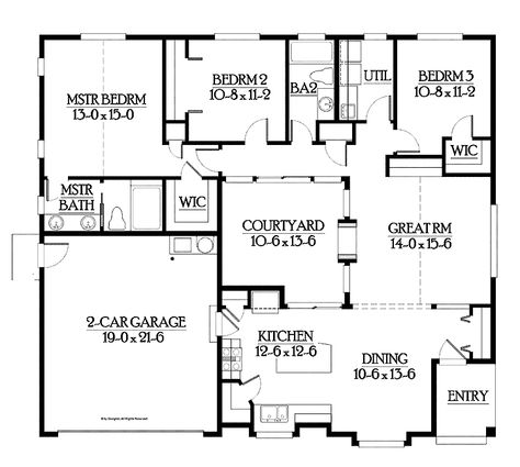 Home Plans HOMEPW05342 - 1,552 Square Feet, 3 Bedroom 2 Bathroom Craftsman Home with 2 Garage Bays Small House Plans With Courtyard, House Plans With An Atrium, Small House With Courtyard Floor Plans, Cottage With Courtyard, Small Courtyard House Plans, Central Courtyard House Plans, House Plans With Atrium, Atrium House Plans, Small Master Closet