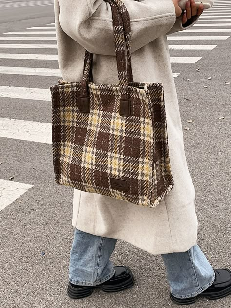 Multicolor Fashionable Collar  Polyester Plaid Shoulder Tote Bag Embellished   Women Bags Winter Handbags, Plaid Tote Bag, Floral Bags, Tote Bag Pattern, Vintage Plaid, Fabric Bag, Shoulder Tote Bag, Shoulder Tote, Printed Tote Bags