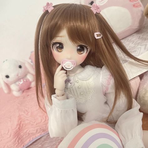 Pink Bjd Doll, Mini Dollfie Dream, Dolfie Dream Dolls, Dollfie Dream Dolls, Cutecore Figures, Super Dollfie, Anime Brown Hair, Bjd Anime, Dolls Cute