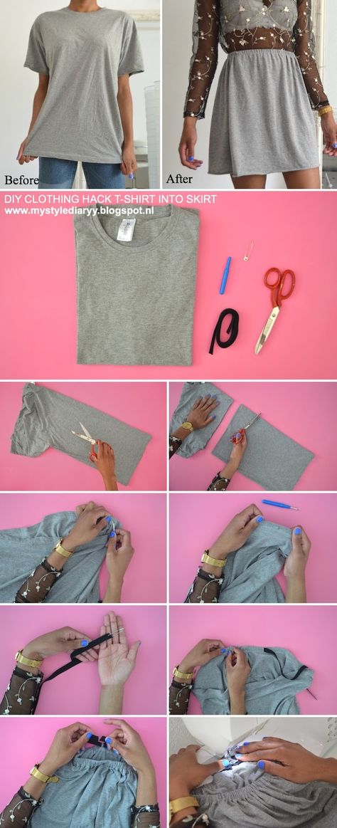 DIY CLOTHING HACK TRANSFORM A T-SHIRT INTO A SKIRT - Mystylediaryy Remake Clothes, Diy Clothes Hacks, Upcycle Clothes Diy, Diy Vetement, Diy Fashion Hacks, Diy Skirt, Diy Fashion Clothing, Kleidung Diy, Diy Clothes Life Hacks