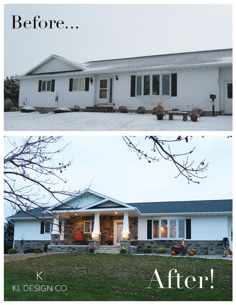 Before and after shots of a remodel in Iowa. Designed by K.L. Design LLC Renovation Facade, Ranch House Remodel, Ranch House Exterior, House Makeovers, Exterior House Remodel, Ranch Remodel, Porch Addition, Colorful Clothes, Plans Architecture