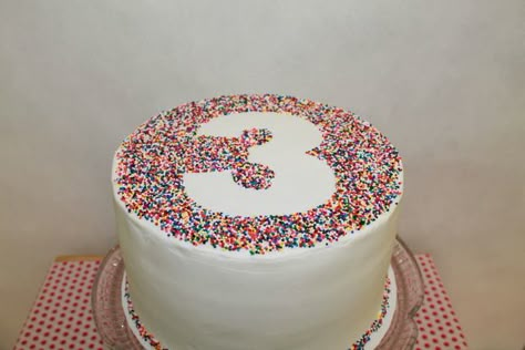 Gorgeous sprinkle cake at a 3rd birthday party!  See more party ideas at CatchMyParty.com! Sprinkle Stencil Cake, Sprinkles Birthday Party, Sprinkles Birthday Cake, Sprinkles Cake, 3 Cake, Sprinkle Party, 3rd Birthday Cakes, Sprinkle Cake, Birthday Cake With Candles