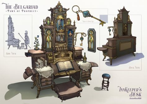 ArtStation - JRPG Fantasy Prop Design: Art Nouveau Secretary Desk, Raeann Chou Fantasy Furniture Concept Art, Fantasy Props Art, Furniture Concept Art, Prop Design Concept Art, Fantasy Workshop, Prop Concept Art, Concept Art Props, Jrpg Games, Antique Secretary Desks