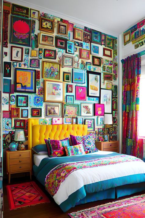 #eclectic #bedroom #wallart Playful Furniture, Vibrant Bedroom, Colorful Bedroom Ideas, Colorful Bedroom Design, Vibrant Bedding, Bold Bedding, Bedroom Ideas Creative, Unique Bookshelves, Colorful Bedroom