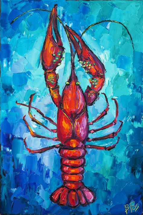 Original B.Fos Artwork – 24x36 – Oil on Canvas  Available in Paper and Canvas Prints Summer Themed Paintings On Canvas, Becky Fos Art, Crawfish Painting, Crawfish Art, Louisiana Artwork, New Orleans Painting, Lobster Painting, Seafood Art, Paintings Nature