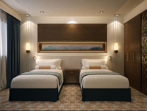 Two Bed Hotel Room, Modern Hotel Room Design Luxury Interior, Small Hotel Room Design, Simple Hotel Room, Interior Hotel Design, Hotel Room Design Luxury, Hotel Bedroom Design Modern, Modern Hotel Room Design, Hotel Suite Design