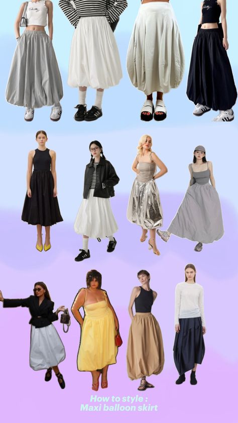 A Pinterest moodboard displaying different ways to style maxi balloon skirts. The collage includes outfits with maxi balloon skirts paired with crop tops, casual tees, blazers, and a variety of accessories. The styles range from casual and sporty to chic and elegant, showcasing versatile looks for different occasions. Balloon Skirt Outfit, Crop Tops Casual, Balloon Skirt, Casual Tees, Cycling Fashion, Tops Casual, Elegant Accessories, Casual Tee, Styling Tips