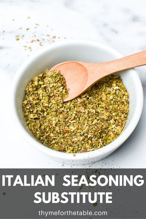 Homemade Italian seasoning mix in a small white bowl and wooden spoon with the text: Italian seasoning substitute. Italian Seasoning Recipe, Homemade Italian Seasoning, Seasoning Recipe, Homemade Seasonings, Homemade Italian, Herbs And Spices, Spice Blends, Way To Go, Italian Seasoning