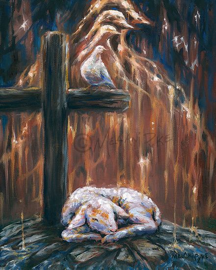 Stunning painting of a lamb sleeping next to a cross, surrounded by a night sky resembling fire. A white dove sits on the cross and is surrounded by dove shapes echoing up into the sky. This piece has particular symbolic meaning for Christians, where the lamb represents Jesus Christ who sacrificed his life on the cross for our salvation, and the Holy Spirit is represented by the dove and fire, which are seen raining down onto the earth below. Painting Spiritual, Spirit And Rain, Dove Painting, Church Painting, Inspirational Paintings, Sleeping Drawing, Oil Painting Inspiration, Christian Artwork, Religious Painting