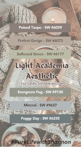 Color scheme for lighter colors for that #LightAcademia feeling. Books, candles, coffee, and just the perfect cozy vibe using BRIGHTER colors ... a peaceful paradise for an INSANE world! Light Academia Bedroom Paint Colors, Light Academia Colors Palette, Light Academia Aesthetic Interior Design, Light Academia Pallete, Home Library Color Scheme, Light Acedamia House, Library Room Colors, Light Academia Aesthetic Color Palette, Light Academia Aesthetic House