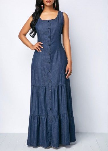 4d6e4749289c4ec58c0063a90deb3964desc34311051ri Vestidos Jeans, Denim Maxi Dress, Elegantes Outfit, Jeans Rock, Maxi Dress Blue, African Fashion Dresses, Summer Maxi Dress, Blue Dress, Denim Fashion