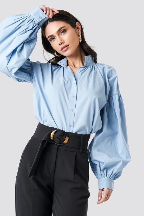 NA-KD Classic Balloon Sleeve Shirt - Blue Casual Shirts Outfit, Puffy Sleeves Blouse, Balloon Sleeve Shirt, Dresses By Pattern, Balloon Sleeve Top, Denim Skirt Women, Fashion Attire, Clothing Hacks, Balloon Sleeves