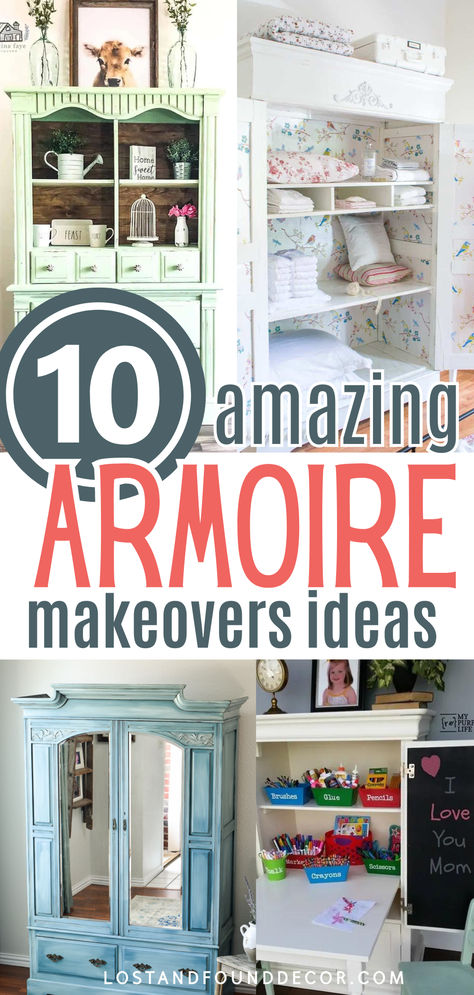 Today I’m sharing with you 10 amazing armoire makeover ideas you can do yourself! We all probably have these old furniture pieces at home . . . you know the ones with good bones and lots of storage space, but maybe just not so nice to look at anymore? Whether you’re looking to make over an antique armoire or a newer, mass-market piece, this post is full of great ideas for how to give that old armoire of yours a new life. Click through for you 10 inspiring ideas. Corner Armoire Repurpose, Update Armoire Furniture Makeover, Amoire Paint Ideas, Diy Old Wardrobe Makeover, Wardrobe Repurpose Ideas, Chalk Painted Armoire Ideas, Painting Armoire Ideas Diy, Painting A Wardrobe, Repurposed Wardrobe Ideas