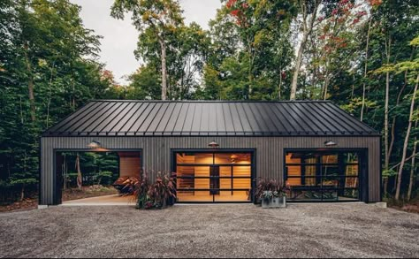 Metal Garages With Living Quarters, Modern Shop With Living Quarters, Metal Garage Ideas Exterior, Gym Addition To House, Modern Garage With Living Quarters, Garage Event Space, Metal Pole Barn Garage, Barndo With Garage, Workshop Ideas Buildings