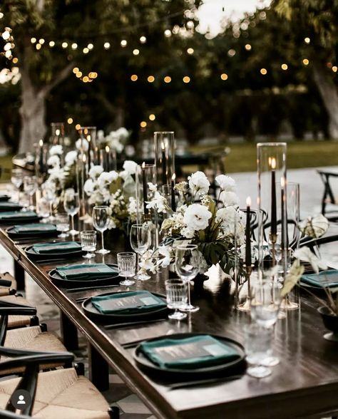 Esmeralda Green Wedding, Moody Black And Green Wedding, Flowers For Dark Green Wedding, Black White And Emerald Green Wedding Table Settings, Midnight Green Wedding Theme, Green And White Summer Wedding, Wedding Theme Dark Green, Emerald Moody Wedding, Racing Green Wedding