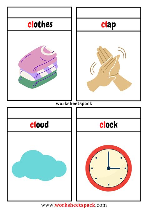 Free Cl Blend Words with Pictures, Cl Consonant Blend Flashcards - Printable and Online Worksheets Pack Blends Flashcards Free, Cl Words, Furniture Vocabulary, Flashcards For Kindergarten, Esl Flashcards, Teaching Reading Skills, Spelling Homework, Letter Blends, Ordinal Numbers