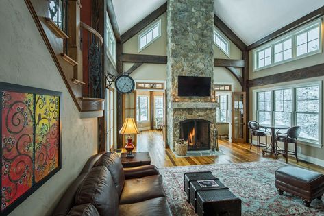 the Ironwood living room is a post and beam wonder! Visit us to see more on this amazing home. Post And Beam Great Room, Yankee Barn Homes, Barndominium Interior, Post And Beam Home, Contemporary Entryway, Contemporary Stairs, Barn Houses, House Staircase, Barn Living