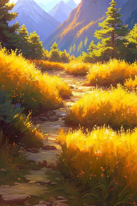 A picturesque path winds its way up a gentle hill, its surface adorned with a vibrant carpet of yellow grass, creating a captivating sight of natural beauty. This digital artwork captures the serene and inviting scene as the path beckons you to embark on a journey through the golden landscape. Each step along the path reveals a breathtaking vista of rolling hills and clear blue skies. Yellow Aesthetic Painting, Yellow Grass Field, Yellow Digital Art, Path Drawing, Hill Background, Path Illustration, Yellow Mountains, Golden Landscape, Path Way