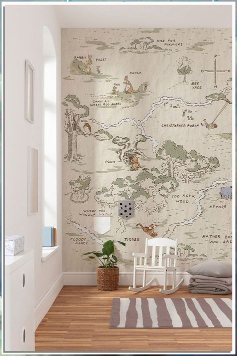 Create a magical atmosphere in your baby's room with our enchanting and imaginative wallpapers. Winnie The Pooh Map, Winnie The Pooh Decor, Kindergarten Wallpaper, Baby Nursery Inspiration, Winnie The Pooh Nursery, Wood Nursery, Baby Room Themes, Disney Nursery, Nursery Room Design