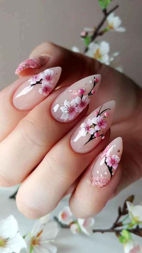 Are you looking for some inspiration for your spring manicure? Click save on this pin, to keep this beautiful cherry blossom themed manicure for your next trip to the nail salon. Click to see more cherry blossom themed nail art designs. Cherry Blossom Nails Design, Cherry Blossom Nails Art, Spring Manicure, Pink Nail Art Designs, Cherry Blossom Nails, Simple Spring Nails, Small Nails, Korean Nail Art, Easter Nail Designs