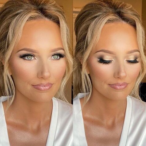 Make Up Looks Formal, Glam Makeup For Blue Eyes Blonde Hair, Wedding Makeup On Blondes, Wedding Makeup 40 Year Old, Wedding Eyeshadow For Blue Eyes, Briadsmaid Make Up, Wedding Day Makeup Green Eyes, Wedding Make Up Blonde Blue Eyes, Bride Makeup Green Eyes Blonde Hair