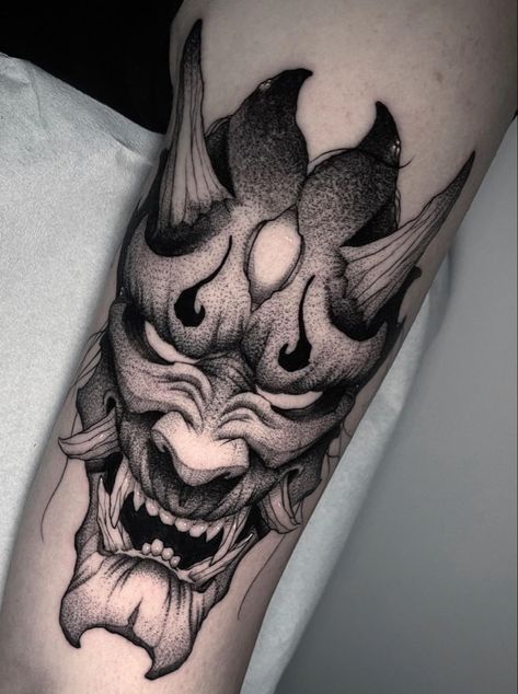 Raijin Tattoo, Tengu Tattoo, Japanese Demon Tattoo, Oni Mask Tattoo, Tattoo Art Design, Oni Tattoo, Hannya Mask Tattoo, Hanya Tattoo, Demon Tattoo