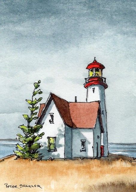 Peter Sheeler, House Watercolor, Watercolor House Painting, Watercolor Art Landscape, Lighthouse Painting, Sunset Color, Watercolor Architecture, Watercolor Paintings For Beginners, Canvas For Beginners