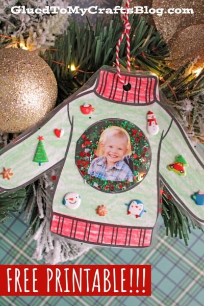 Christmas Sweater Ornament Craft For Kids - Glued To My Crafts Ornament Craft With Picture, Preschool Picture Ornament Craft, First Grade Ornament Craft, Easy Picture Ornaments For Kids To Make, O Is For Ornament Craft, Preschool Photo Ornament Craft, Easy Christmas Crafts For Kids At School Diy Ornaments, Preschool Christmas Ornaments With Photo, Christmas Photo Ornament Craft