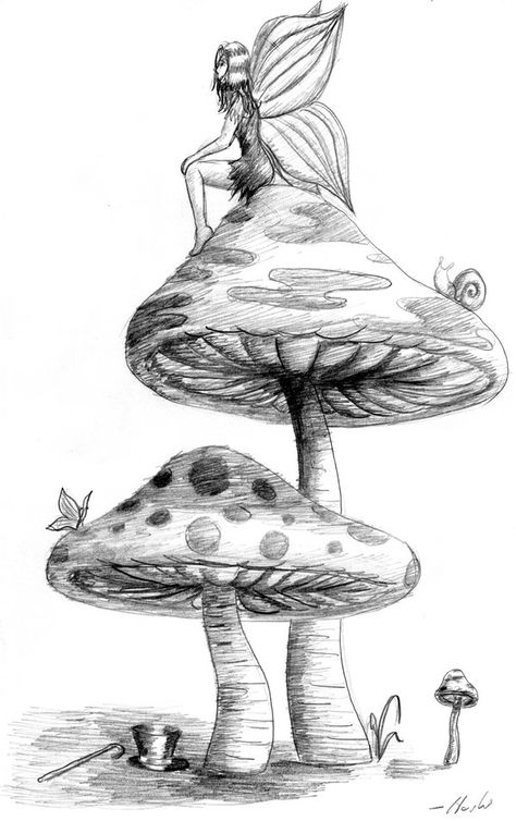 Fairy Mushrooms Drawing, Fairy On Toadstool Drawing, Cool Fairy Drawings, Fairy Sketches Aesthetic, Fairy Theme Drawing, Fairy And Mushroom Drawing, Fairy On A Mushroom Drawing, Mushroom Fairy Sketch, Fairy Art Easy