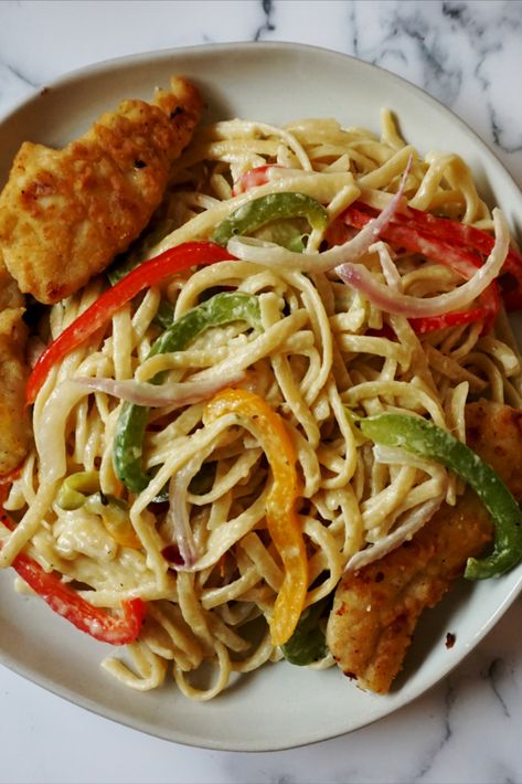 Chicken With Linguine Noodles, Orange Pepper Recipes, Creamy Chicken Scampi, Buttery Garlic Sauce, Chicken Peppers And Onions, Chicken Scampi, Grilled Chicken Strips, Healthy Summer Dinner Recipes, White Sauce Pasta