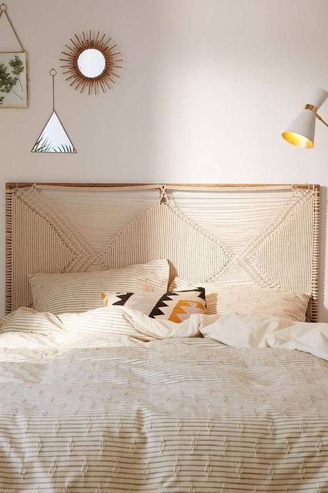 No Headboard Bed Ideas, Urban Outfitters Bedroom, Tapestry Headboard, Boho Headboard, Urban Outfitters Home, Macrame Headboard, Wicker Headboard, Rattan Headboard, Wooden Bed Design