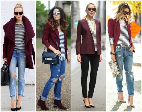 Outfit Planning: Burgundy Jacket 4 Ways | On the Daily EXPRESS Maroon Blazer Women, Burgundy Blazer Outfit Woman, Maroon Blazer Outfit, Burgundy Blazer Outfit, Burgundy Leather Jacket Outfit, Burgundy Jacket Outfit, Blazer Outfits Women, Female Blazer, Blazer Outfit Ideas