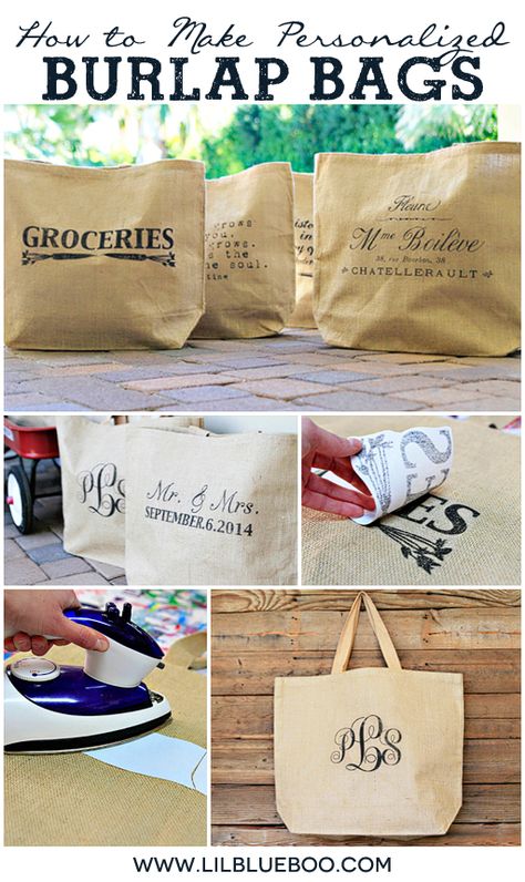 Gift Idea for Bridesmaids, Wedding Party, Graduation Etc: How to Make Personalized Burlap Bags via Ashley Hackshaw / lilblueboo.com #burlap ... Craft Bazaar, Burlap Projects, Monogram Ideas, Sac Diy, Diy Sac, Secret Box, Burlap Bags, Creative Sewing, Burlap Crafts