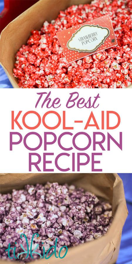 Recipe for making the BEST colored popcorn using Kool-aid. Itt's like a fruit flavored version of caramel corn. Colored Popcorn Recipe, Kool Aid Popcorn, Flavored Popcorn Recipes, Popcorn Recipes Easy, Colored Popcorn, Kreative Snacks, Popcorn Treats, Popcorn Snacks, Popcorn Recipe