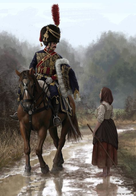 ArtStation - French Hussar and Peasant Girl, 1810's, Nils Wadensten Arte Cowboy, Military Drawings, Military Artwork, Historical Painting, 다크 판타지, French Army, Napoleonic Wars, Historical Art, 판타지 아트