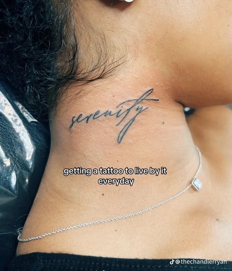 Tiwa Savage Tattoo, Small Tattoo Ideas Chest, Neck Tattoos Women Words, Meaningful Word Tattoos For Women, Neck Small Tattoo, Princess Tattoo Writing, Cursive Neck Tattoo, 1of1 Tattoo, Rare Tattoos For Women