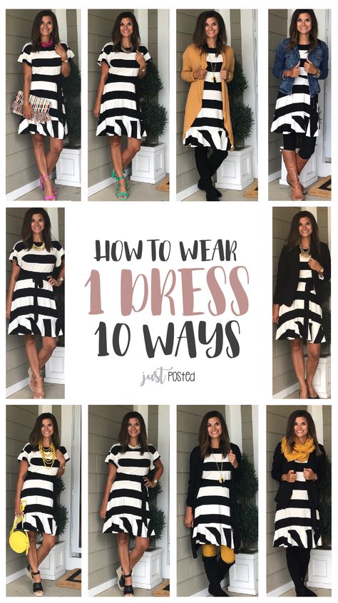 How to style 1 black and white dress from the Loft 10 different ways! Black And White Dress Outfit Ideas, Accessories For Black And White Dress, White And Black Dress Outfit, Black And White Dress Casual, Black And White Dress Outfit, Black White Dress Outfit, White Striped Dress Outfit, Leggins Outfit, Striped Dress Outfit