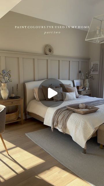 Chloe Dulieu on Instagram: "Part two of colours I’ve used in my home!  Don’t forget to save for future reference 😘  #colours #paint #neutralhome #farrowandball #neutrals #calming #restful #bedrooms #inspo #interiors #countryhome #panelling #bathroom #bathroominspo #bedroominspo #paintinspo" Natural Bedroom Panelling, Neutral Bedroom Colours, Panelling Paint Colours, Colours For Small Rooms, Bedroom Colours 2024, Bedroom Panelling Ideas, Bedroom Wall Colours, Colour Schemes Bedroom, Panelling Bathroom