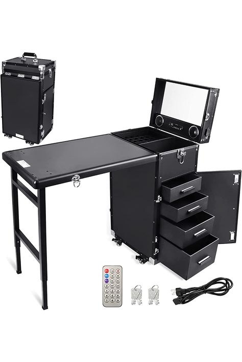 Lorvain Rolling Manicure Table Nail Desk Makeup Train Case Workstation, Travel Cosmetic Trolley Storage Organizer Foldable Nail Tables for Technician Nail Salon with Bluetooth &amp; Mirror-Black Foldable Nail Table, Bluetooth Mirror, Nail Tables, Trolley Storage, Desk Makeup, Nail Room Ideas, Barber Shop Interior, Glitter Bar, Fold Out Table