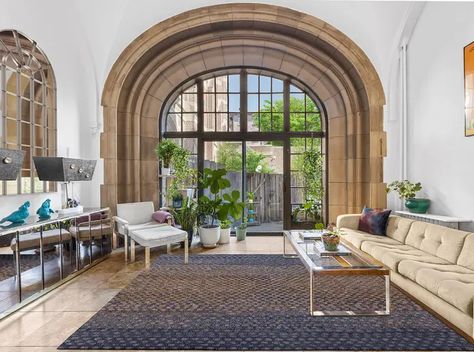 Stone Archway, Parlor Floor, Soho Loft, Clinton Hill, Sleeping Loft, Gothic Design, White Subway Tile, Bonus Rooms, Brick Patios