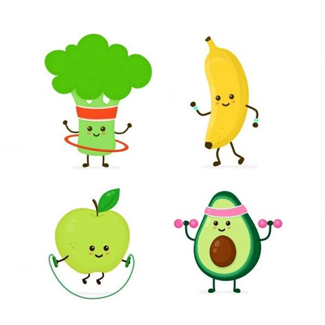 Cute smiling healthy food doing exercise... | Premium Vector #Freepik #vector #food #nature #sport #character Healthy Food Cartoon, Healthy Cartoon, Vegetable Cartoon, Healthy Fruits And Vegetables, Vegetable Illustration, Sport Food, Food Art For Kids, Children Sketch, Cartoon Clip