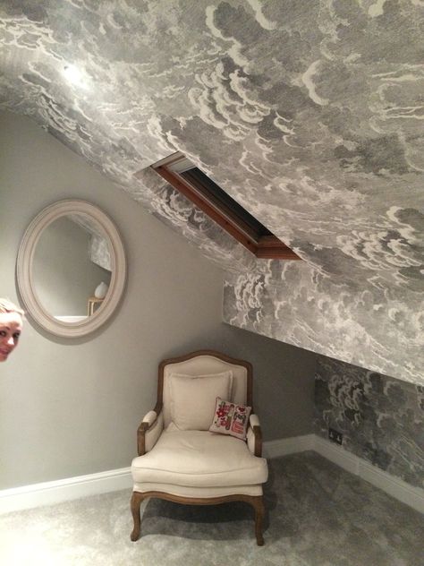 Cole&Son ceiling of clouds,   bedroom installation Cloud Wallpaper Bedroom, Clouds Bedroom, Wallpapered Ceiling, Clouds Theme, Fornasetti Wallpaper, Loft Plans, Simple Bedroom Design, Cole And Son Wallpaper, Secret Room