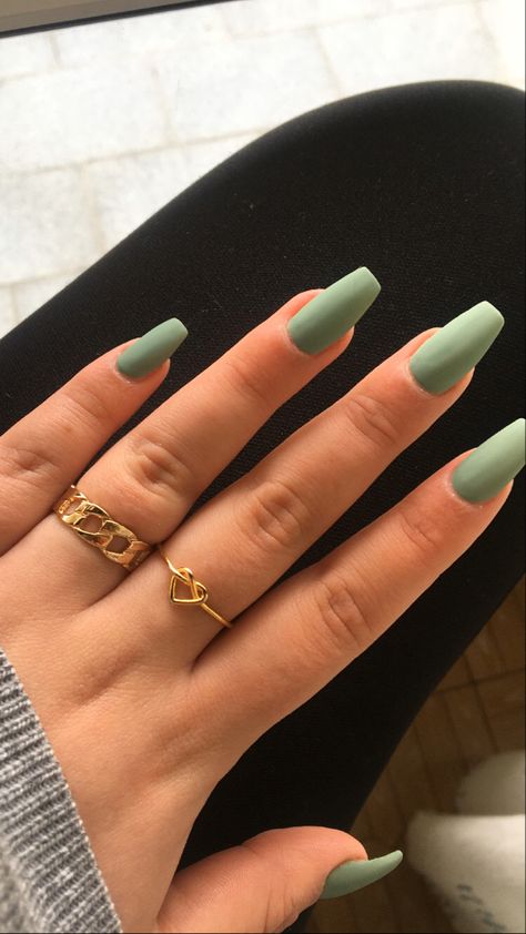 Green Nails Solid Color, Short Blue Green Nails, Basic Nail Inspo Coffin, Light Green Coffin Acrylic Nails, Sage Green Ballerina Nails, Basic Solid Color Nails, Summer Acrylic Nails Plain Color, Basic Nails Green, Green Basic Nails