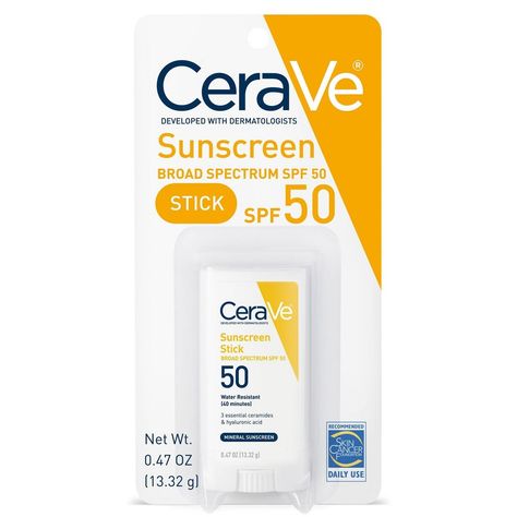 Developed with dermatologists, CeraVe Sunscreen Stick for Face SPF 50 provides broad spectrum sun protection plus 3 essential ceramides in convenient stick form. It delivers UVA/UVB protection from the sun's dangerous rays, all in a lightweight texture with a clear finish. - 100% mineral sunscreen without oxybenzone Zinc oxide & Titanium dioxide sunscreen filters - Ceramides 1, 3, and 6-11 - Broad Spectrum SPF 50 Water resistant (40 minutes) - Lightweight, oil-free Key Ingredients: •100% Mineral Cerave Sunscreen Stick, Sunscreen Recommendations, Bathroom List, Cerave Sunscreen, Best Sunscreen For Face, Mini Sunscreen, Travel Size Sunscreen, Good Sunscreen For Face, Skincare Sunscreen