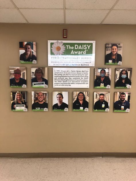 Love the large photos on Hillcrest Medical Center's DAISY wall display! Employee Recognition Board Display, Daisy Award Bulletin Board Ideas, Daisy Award Nurse Ideas, Daisy Award Nurse Display, Employee Picture Wall, Employee Photo Wall, Engagement Committee, Employee Recognition Board, Award Wall