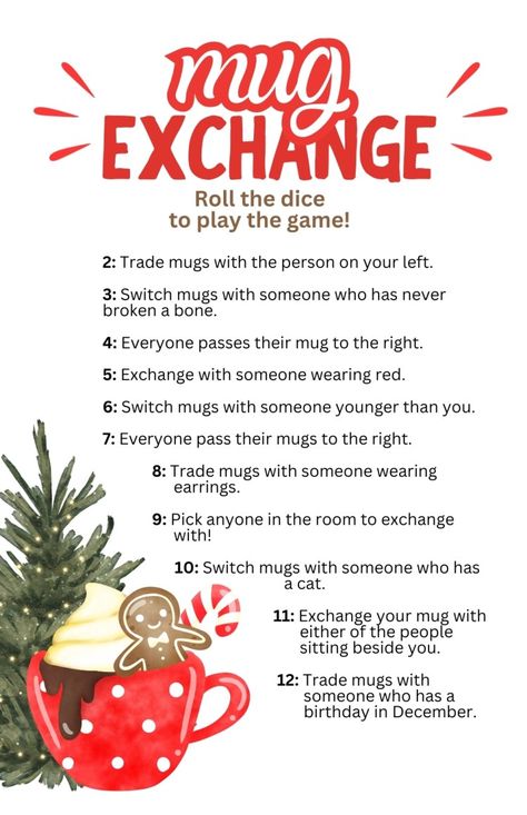 Staff Xmas Party Ideas, Christmas Mug Exchange Party, Christmas Mug Exchange Ideas, Christmas Mug Game, Christmas Gift Exchange Games Family, $20 Christmas Gift Exchange Ideas, Mug Exchange Ideas, Christmas Games For Coworkers, Mug Exchange Party