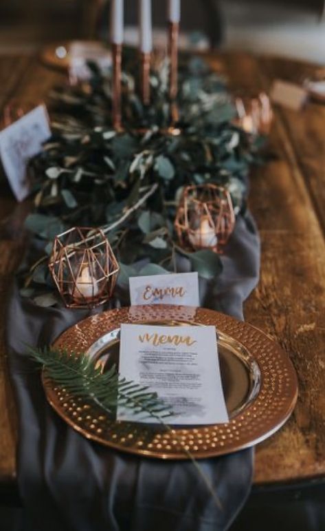 Rustic Copper Wedding, Copper Tablecloth Wedding, Navy And Copper Wedding Table Decor, Copper And Green Table Setting, Copper Industrial Wedding, Navy Emerald Copper Wedding, Green Gold Copper Wedding, Wedding With Copper Accents, Copper Green Black Wedding