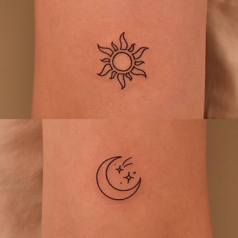 Sun And Moon Tattoos, Tattoo Sonne, Tato Salib, Luna Tattoo, Maching Tattoos, Matching Friend Tattoos, Cute Matching Tattoos, Moon Tattoos, Sun Tattoos