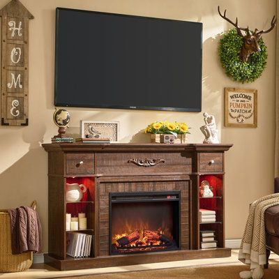 54.7" Electric Fireplace with Mantel, Fireplace TV Stand for 60 Inch TV with Storage Lark Manor™ Color: Brown | Lark Manor™ Electric Fireplace w / Mantel in Brown | Wayfair Fireplace Decor Tv, Tv With Storage, Fireplace With Mantel, 60 Inch Tv, Electric Fireplace With Mantel, Mantel Fireplace, Fireplace Tv Stand, Faux Fireplace, Tv Decor